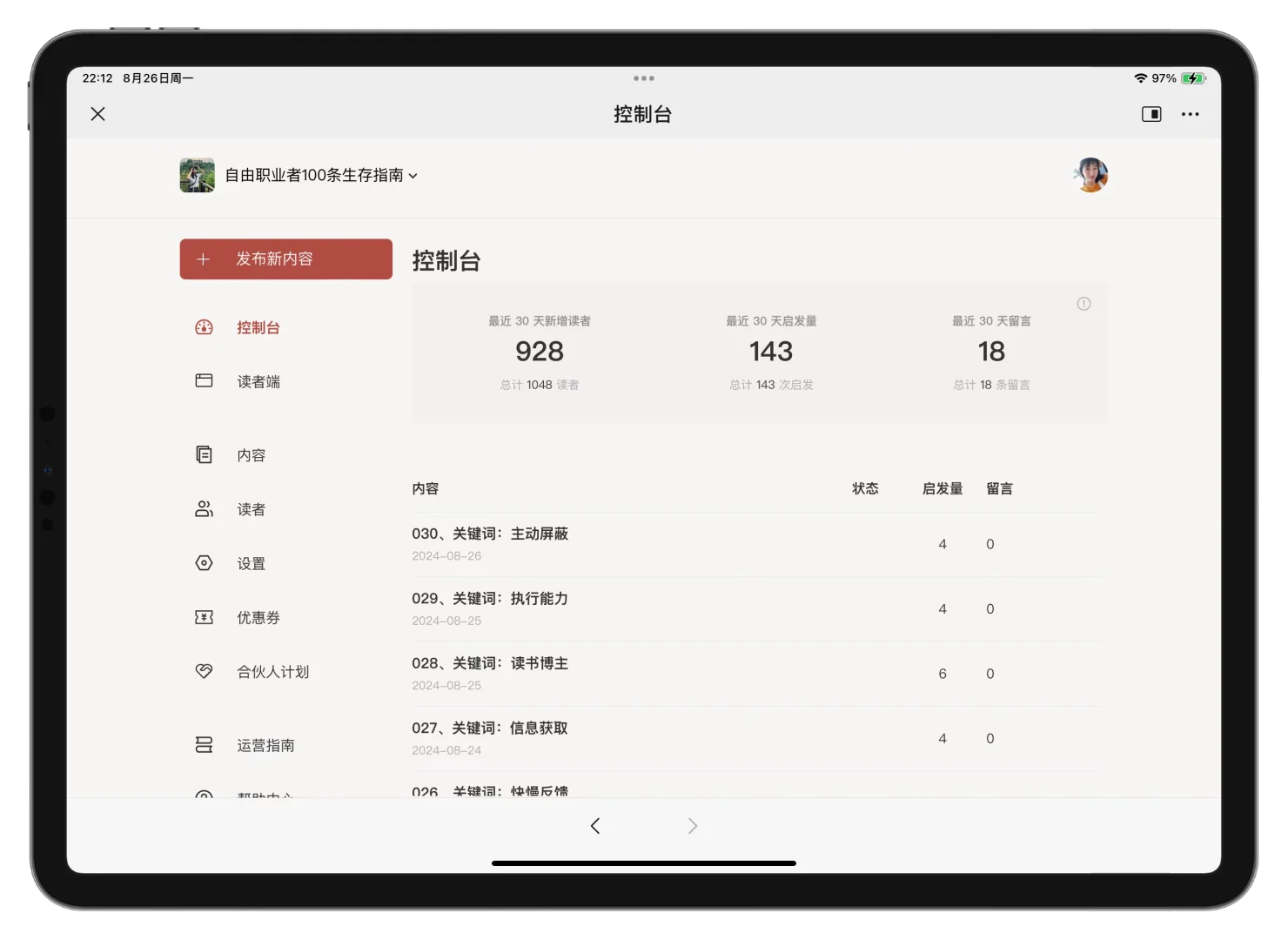 《自由职业者生存指南100条》订阅突破1000人