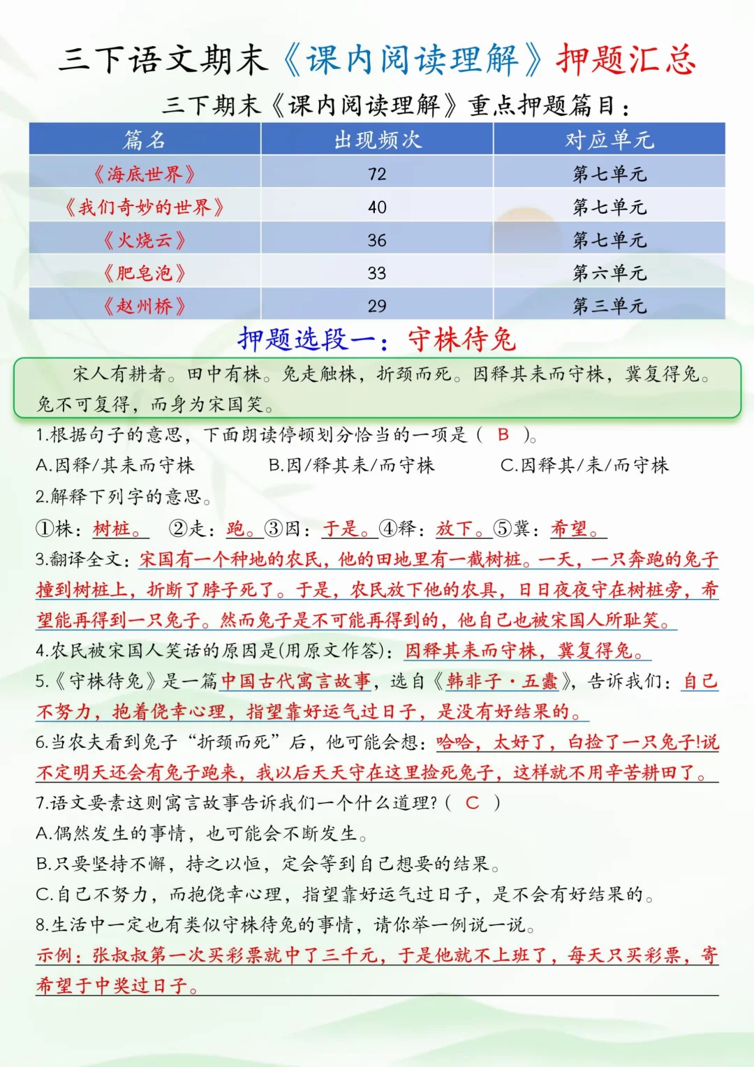 2025三下语文期末《课内阅读理解》押题预测