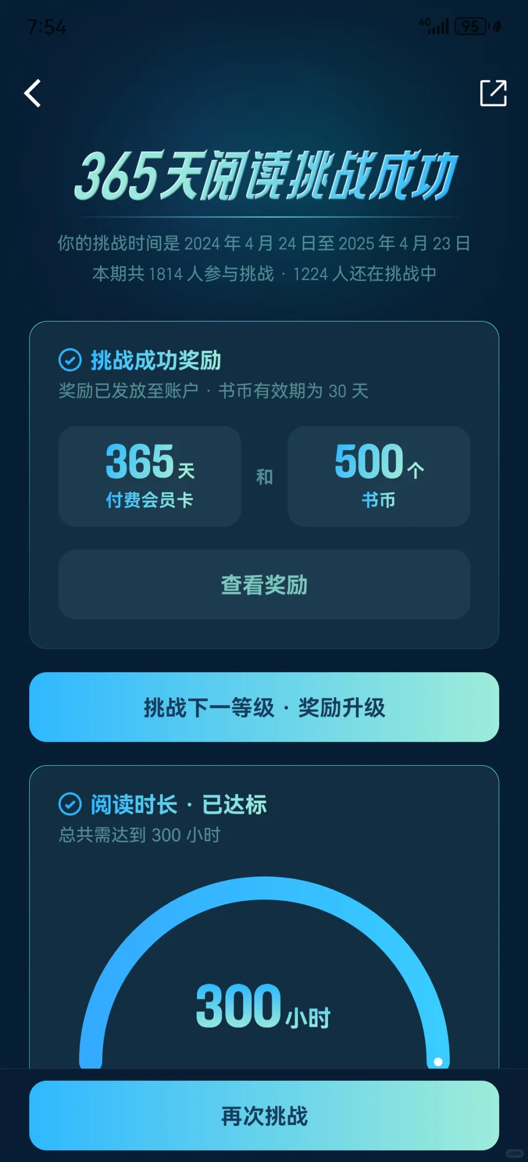 第一次挑战微信读书365天成功！