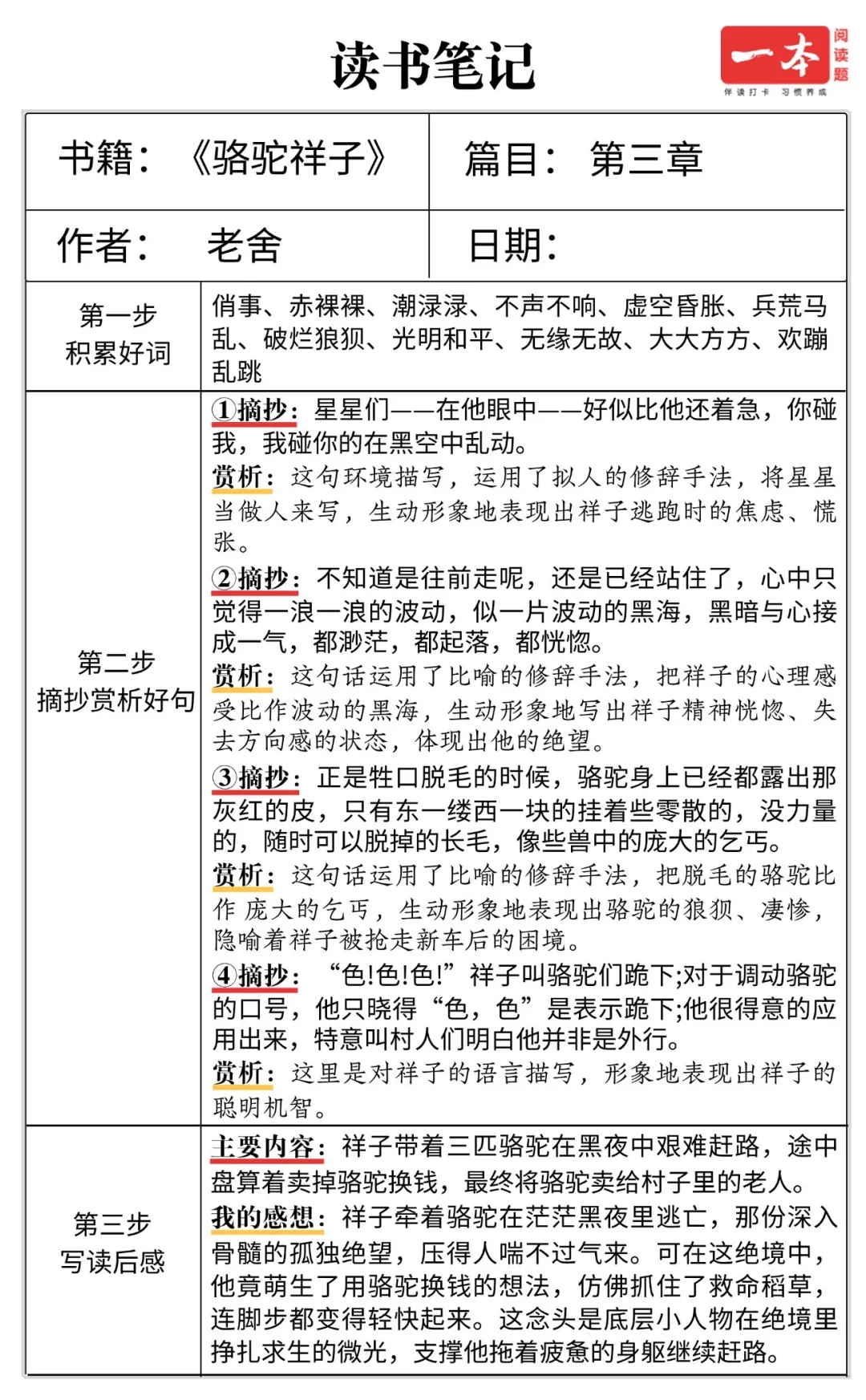 小升初暑假必看名著《骆驼祥子》读书笔记汇总