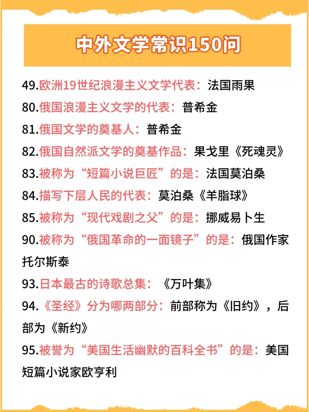 考点汇总：中外文学常识150问