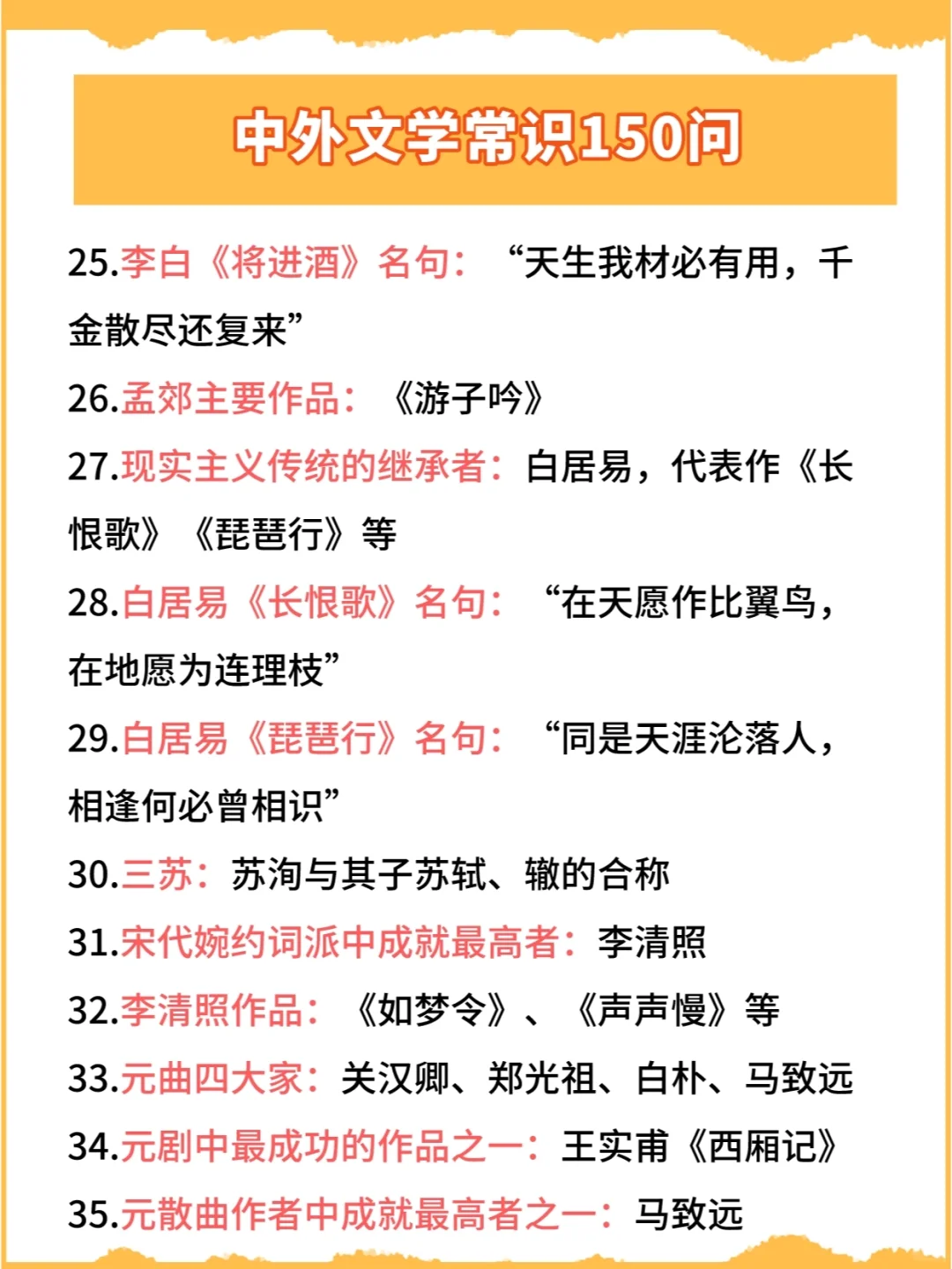 考点汇总：中外文学常识150问