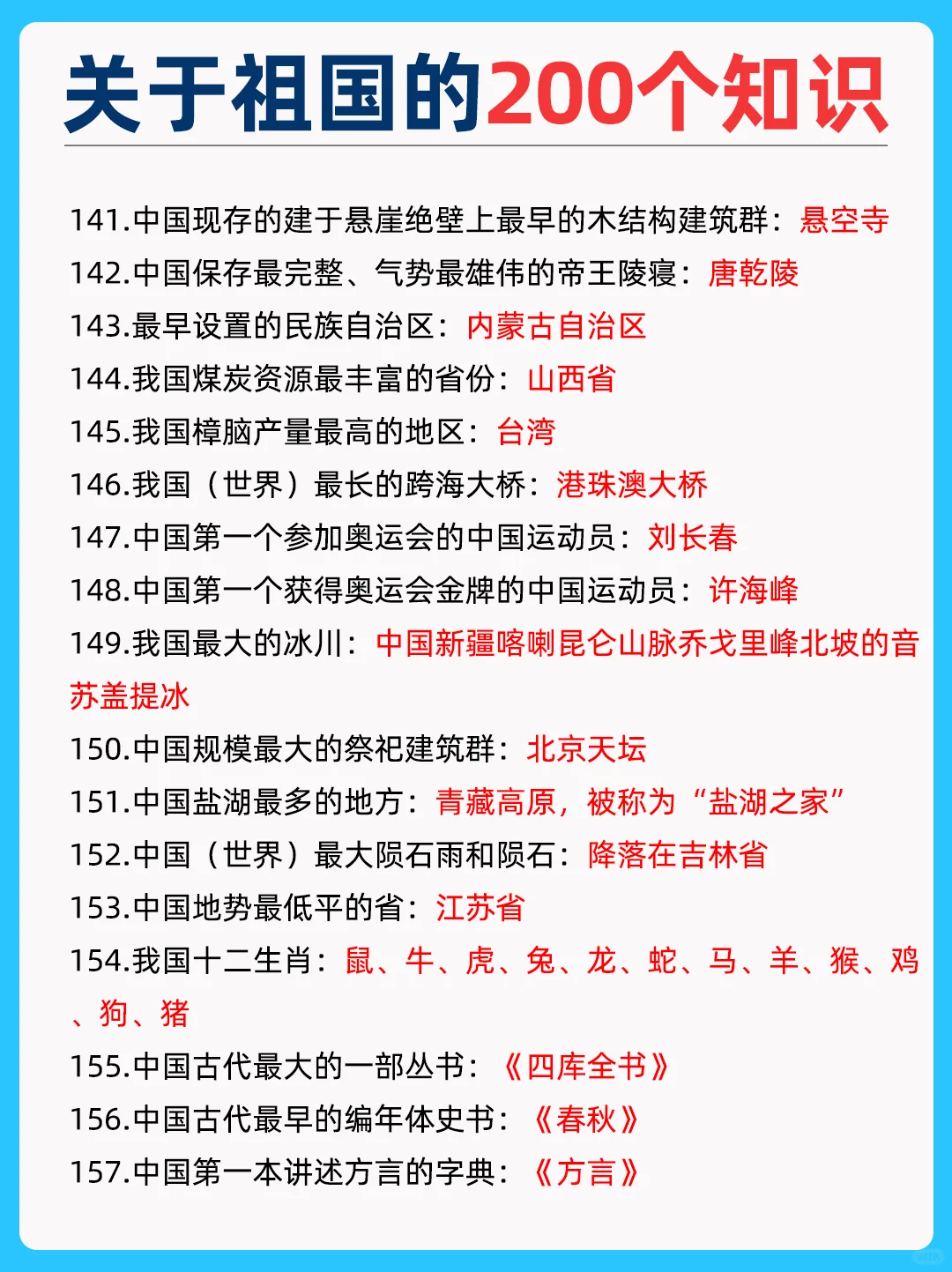 200个祖国常识，孩子一定要知道的