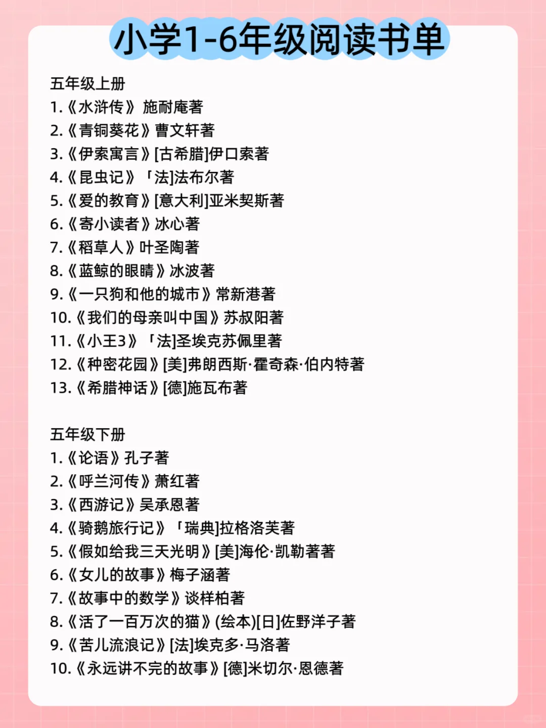 暑假安排计划，小学1-6年级阅读书单