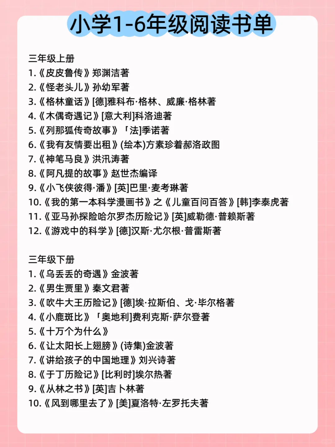 暑假安排计划，小学1-6年级阅读书单