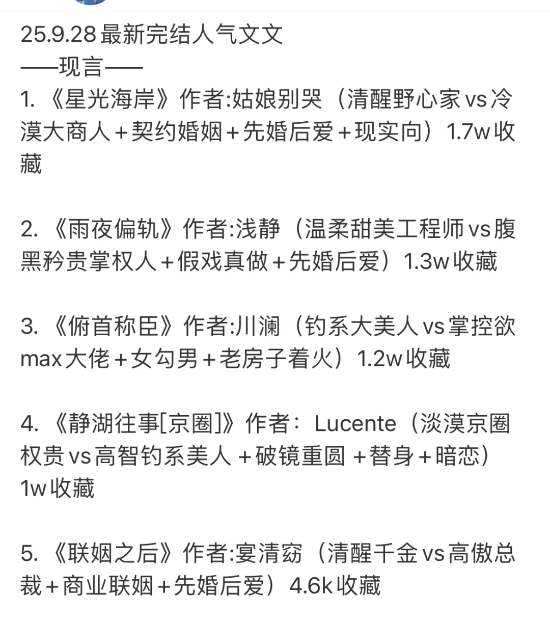 📚 2025.09.28新完结小说清单｜文荒速码！