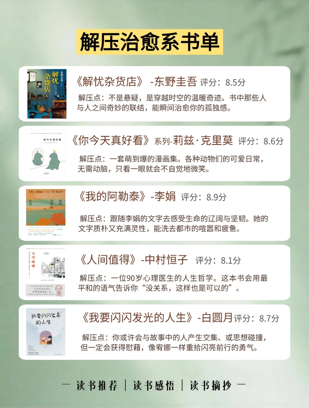 📚私藏治愈书单，压力大的时候读太解压了❗️