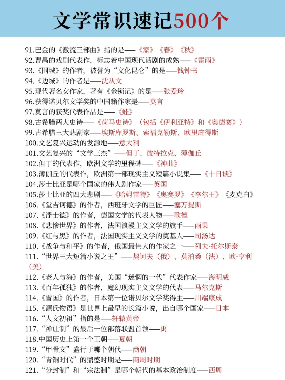 码住，背起来！公考文学常识就这500条！