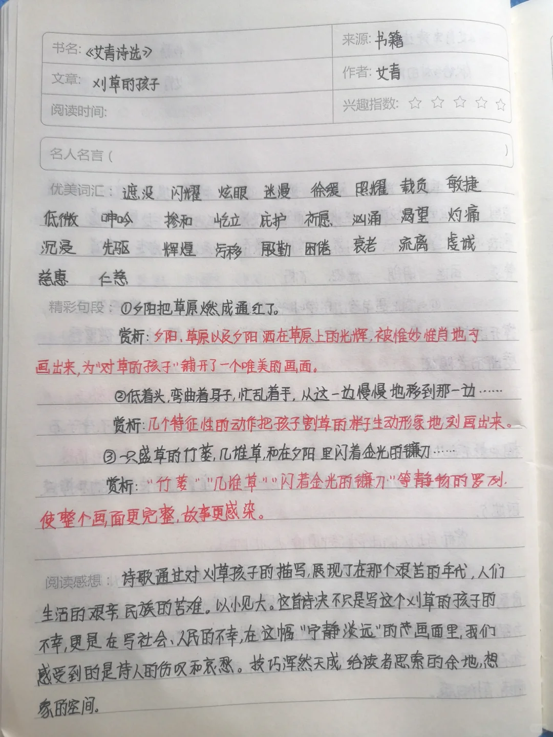 艾青诗选·读书笔记12篇