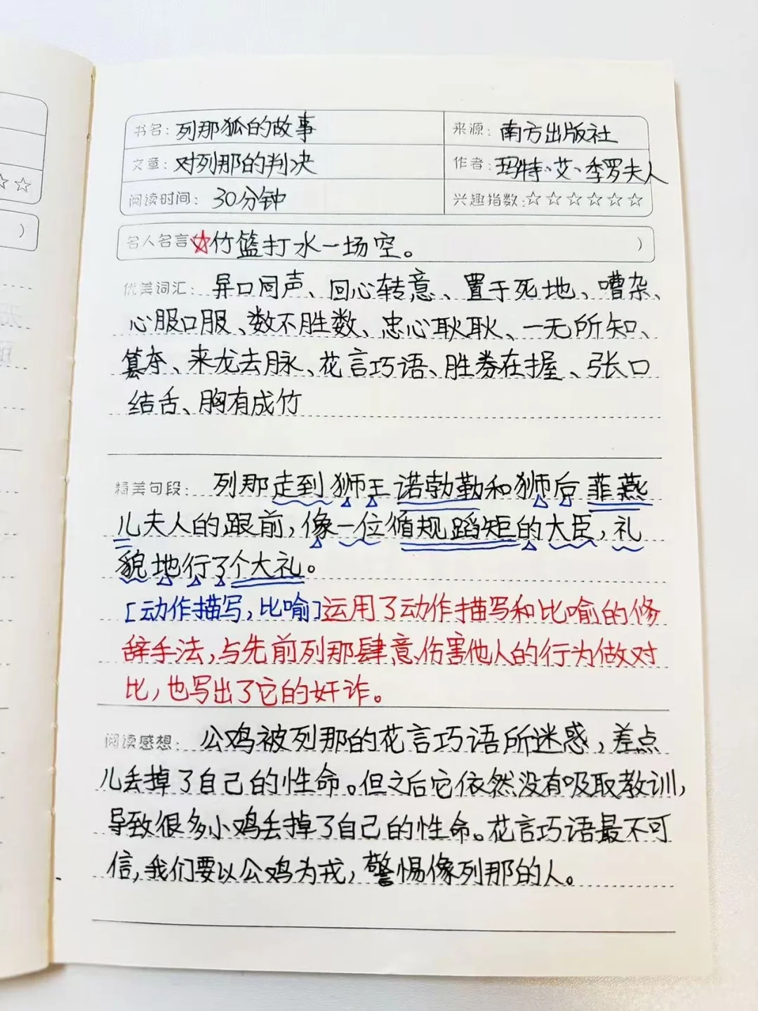 五上必读书目《列那狐的故事》读书笔记