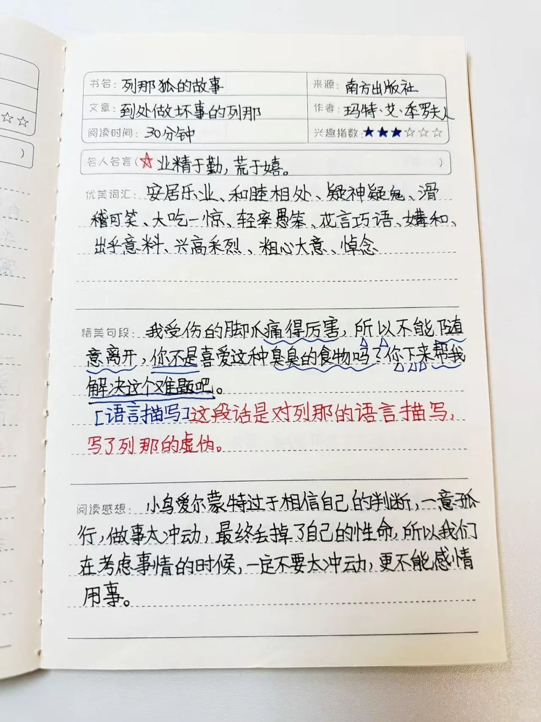 五上必读书目《列那狐的故事》读书笔记