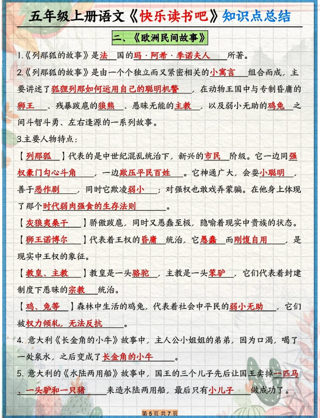 《中国民间故事》《欧洲民间故事》就考这几