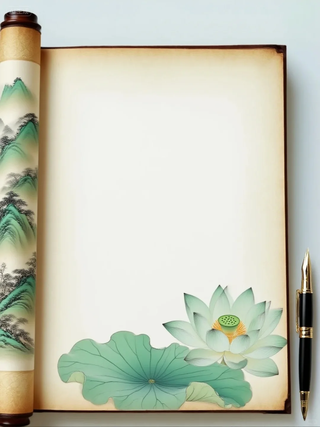 唯美古风卷轴背景图、好喜欢这组荷花相框！