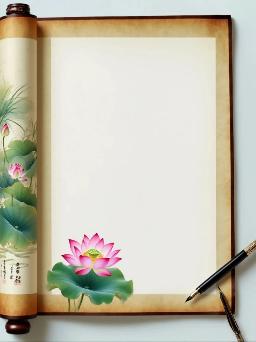 唯美古风卷轴背景图、好喜欢这组荷花相框！