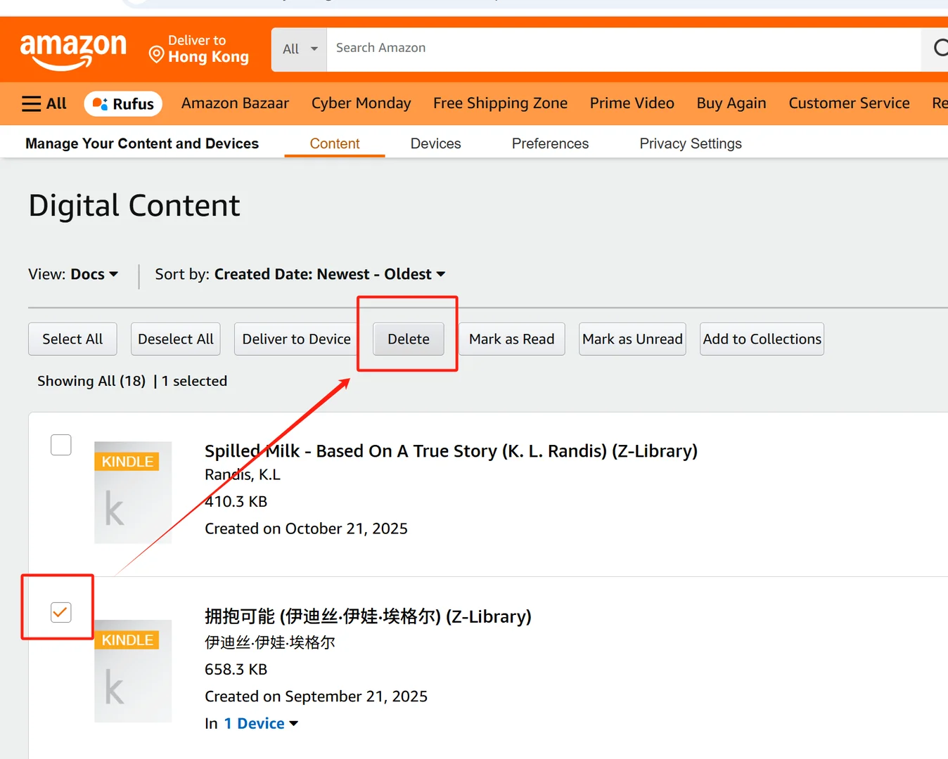 Kindle从云端永久删除书籍教程,无数据线版