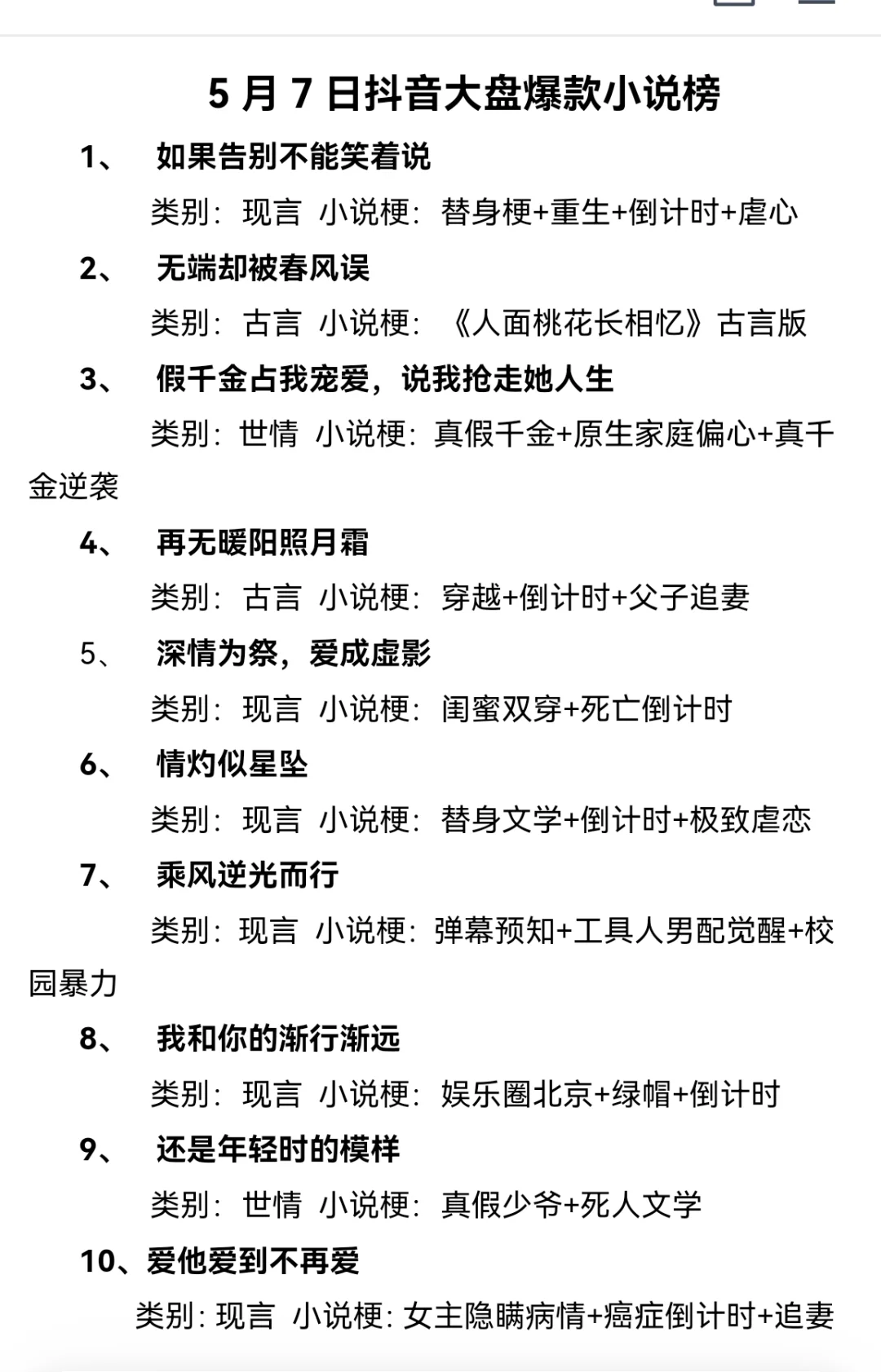 5月7日抖音大盘爆款小说榜来啦