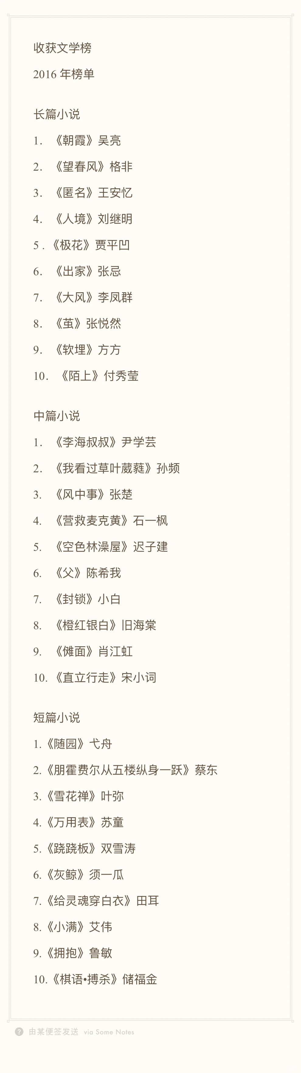 历届收获文学榜榜单（2016-2024）