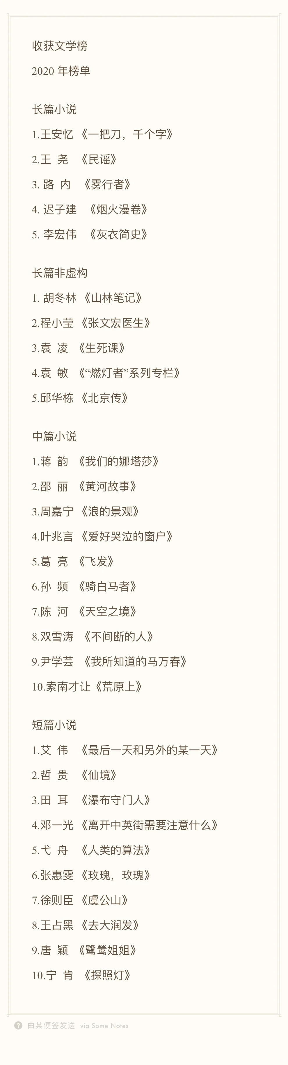 历届收获文学榜榜单（2016-2024）