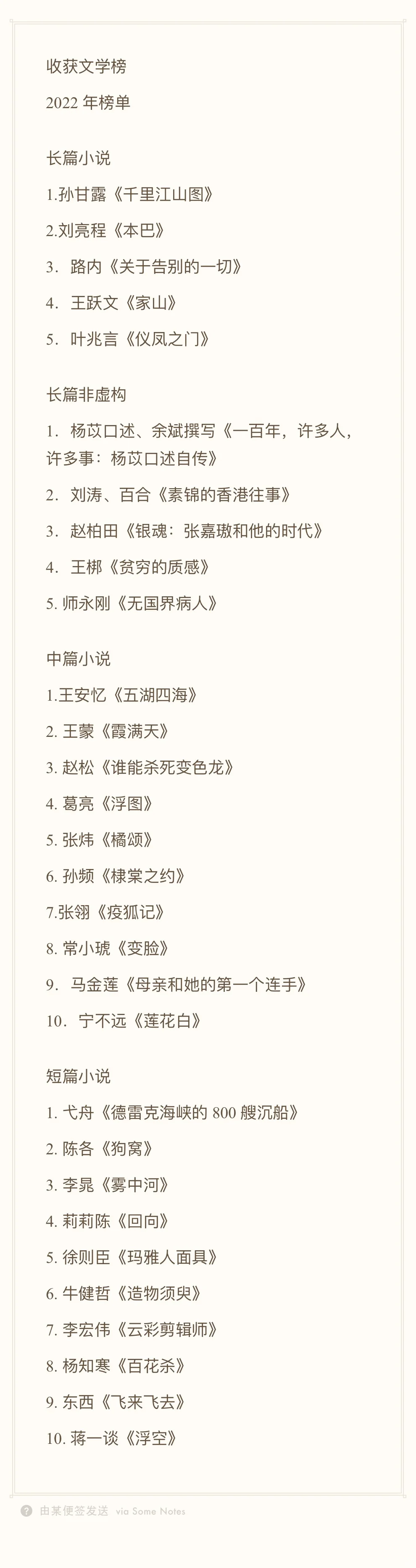 历届收获文学榜榜单（2016-2024）