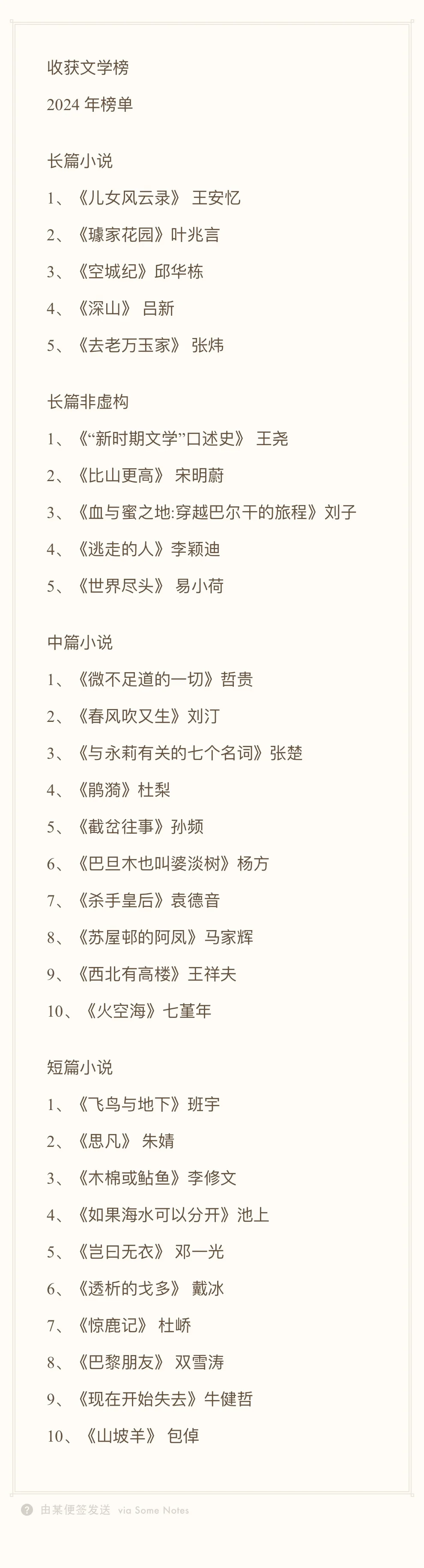 历届收获文学榜榜单（2016-2024）