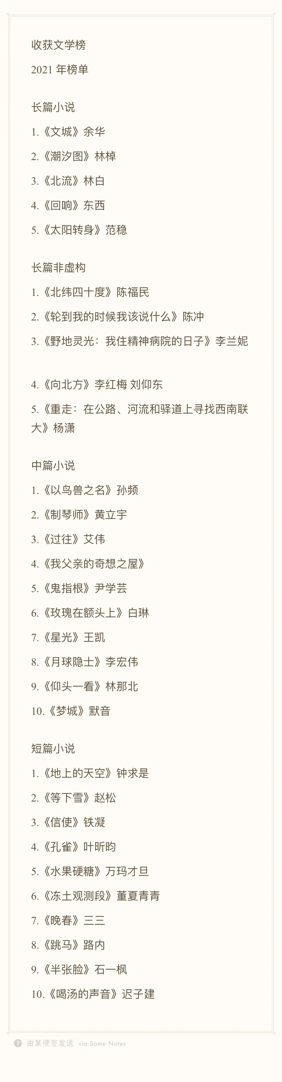 历届收获文学榜榜单（2016-2024）