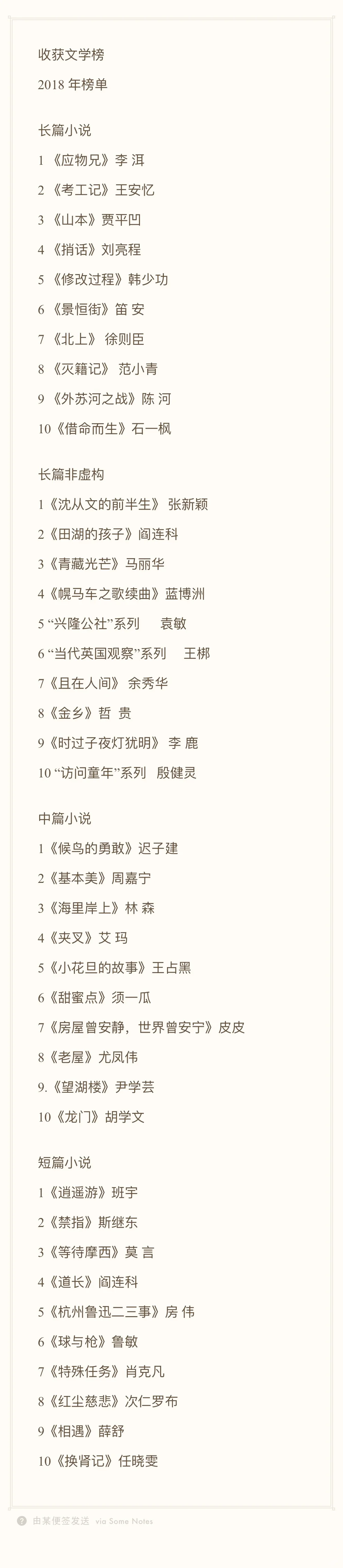 历届收获文学榜榜单（2016-2024）