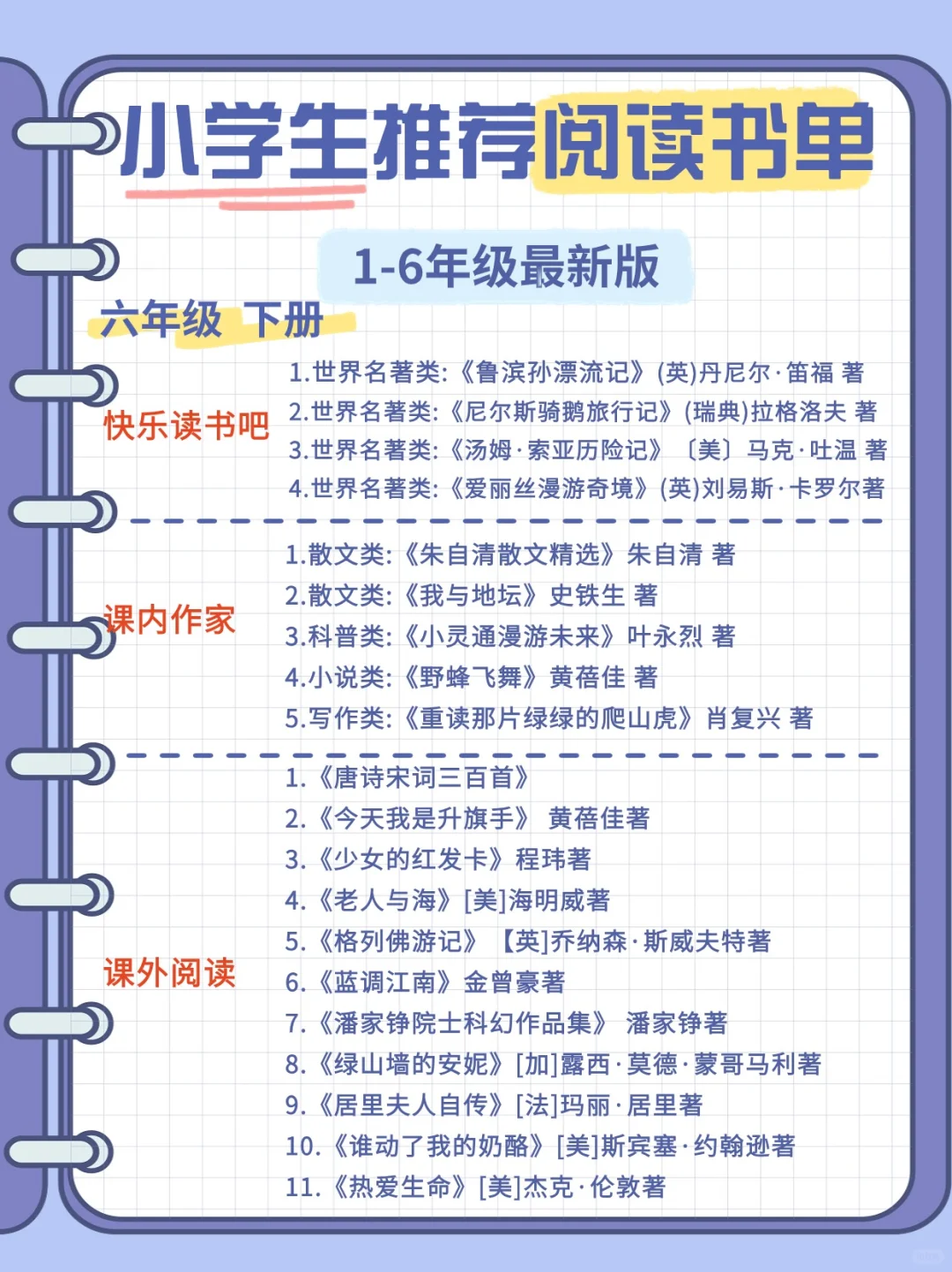 🔥学习开挂！1-6年级海量阅读推荐书籍！