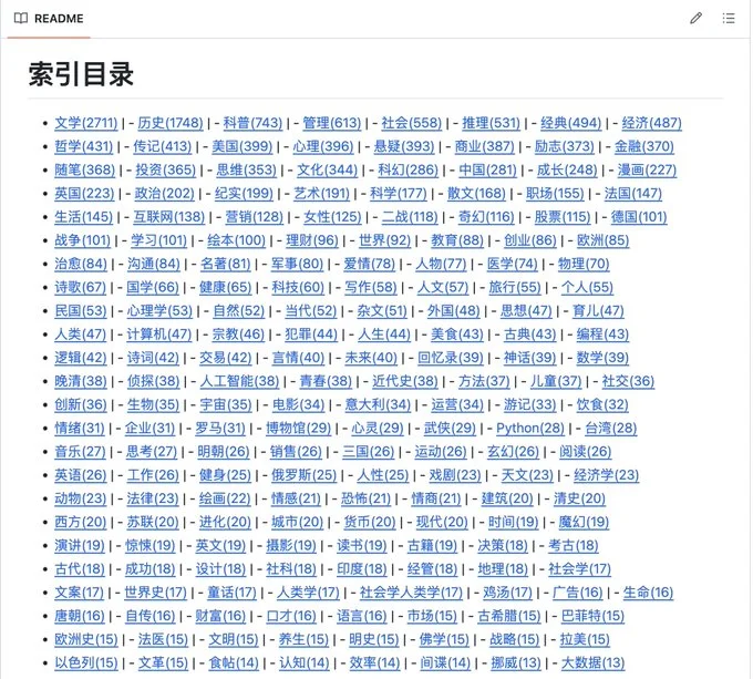 一个提供电子书下载的GitHub项目，内容挺全