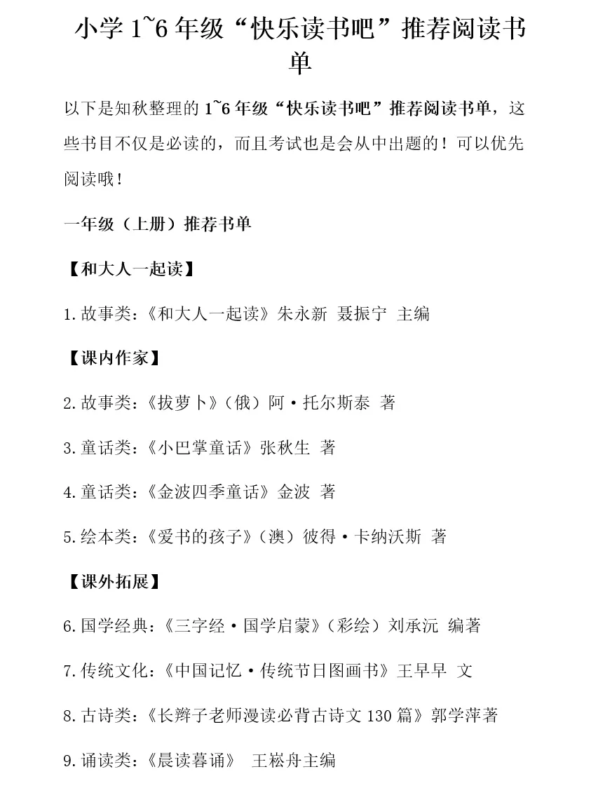 教育部1~6年级《快乐读书吧》必读书单全攻略