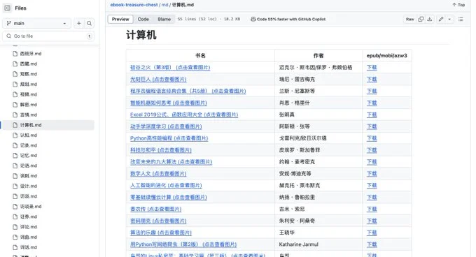 一个提供电子书下载的GitHub项目，内容挺全