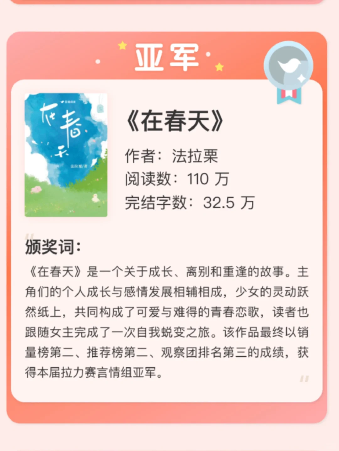 奖项揭晓🎉豆瓣阅读长篇拉力赛获奖名单公布