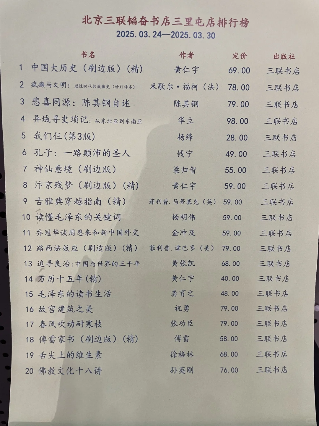 通勤1小时读什么？三联书店榜单值得参考