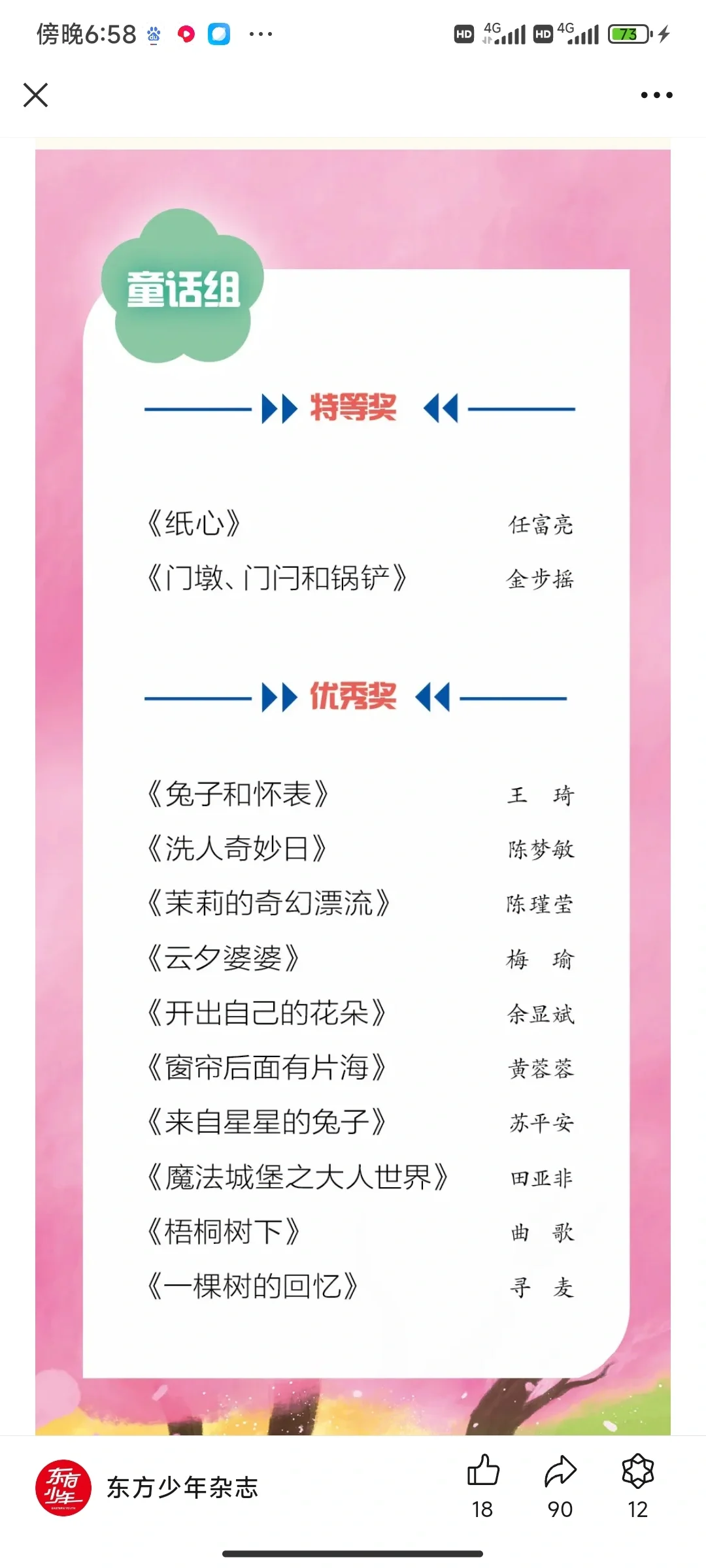 获《东方少年》重点作品扶持优秀奖了