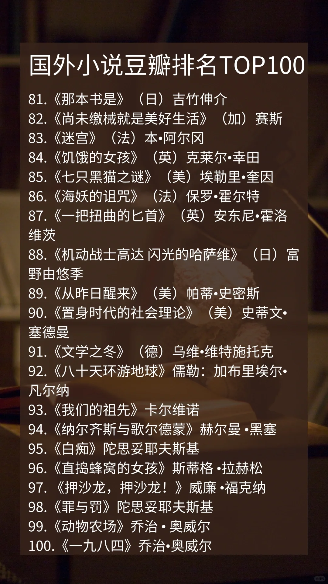 豆瓣国外小说top 100文学界的奥斯卡