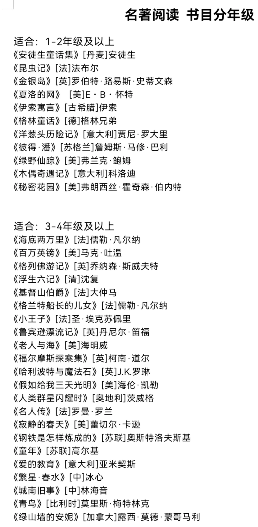 中小学生名著阅读书单，分年级整理
