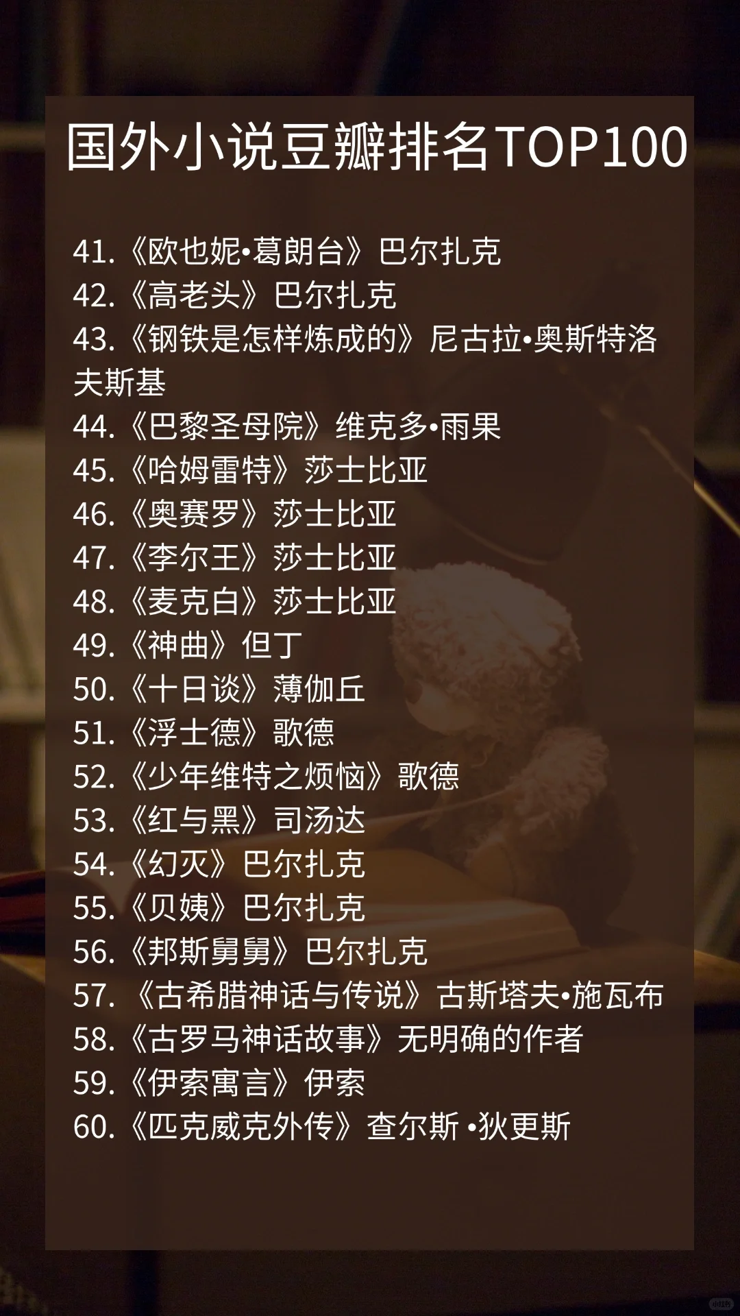 豆瓣国外小说top 100文学界的奥斯卡