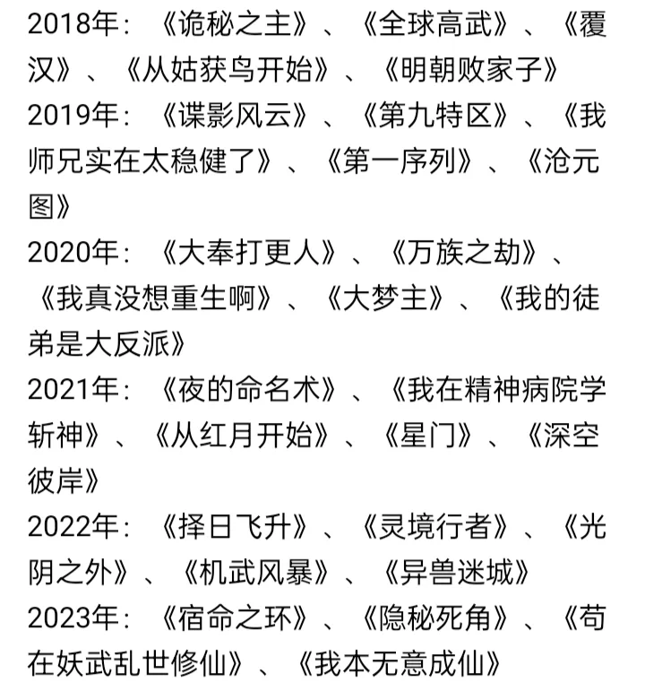 2000年到2023年.网文届每年的封神顶级小说
