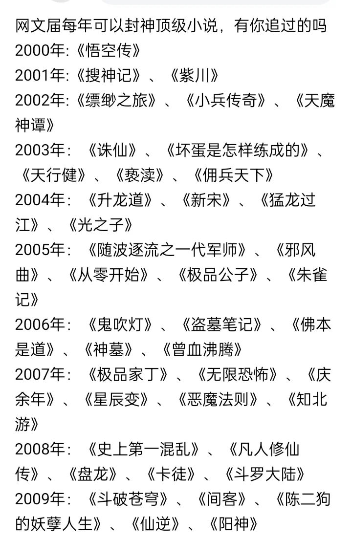 2000年到2023年.网文届每年的封神顶级小说