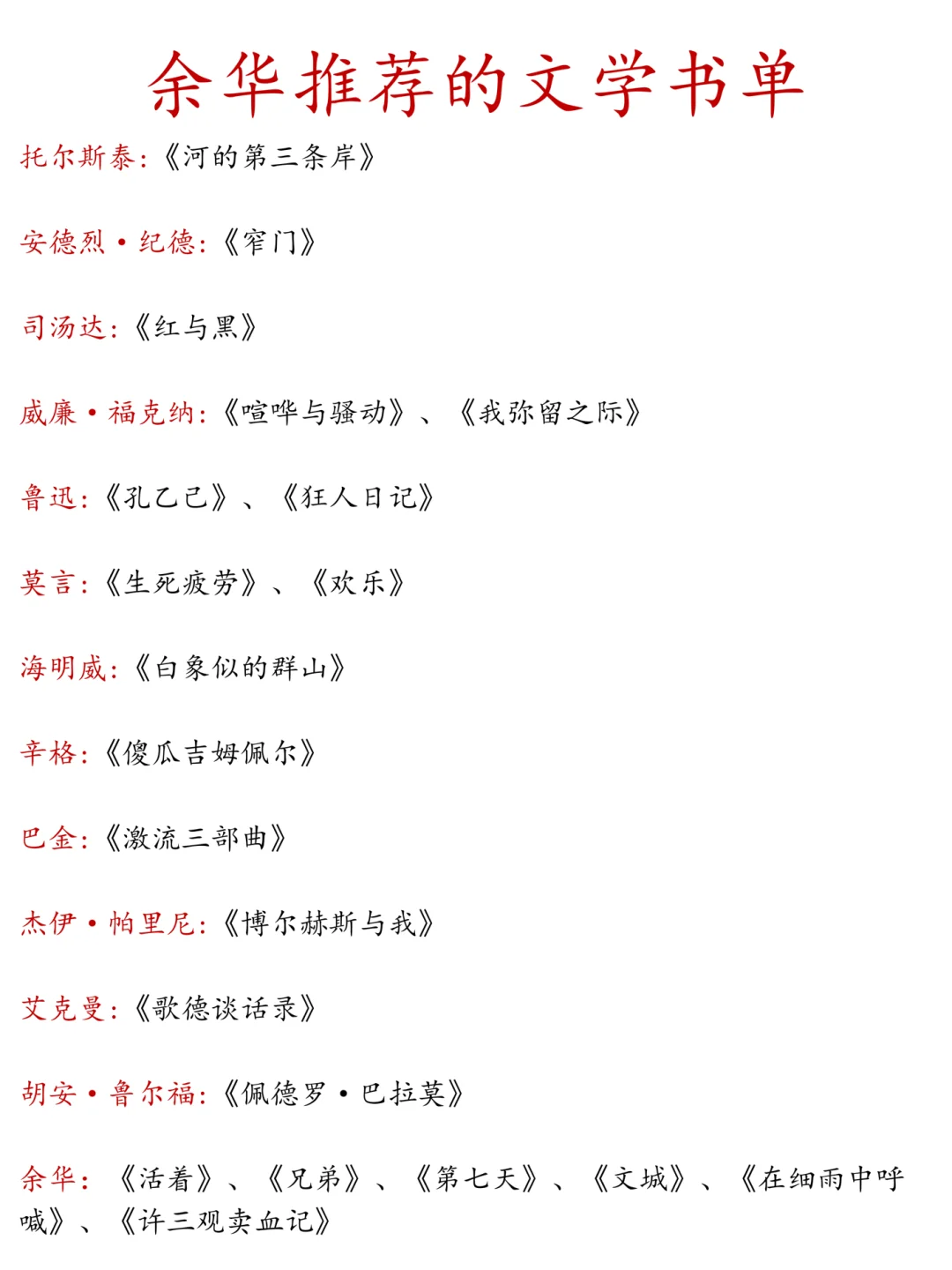 余华推荐的文学书单｜21位作家80本书❗