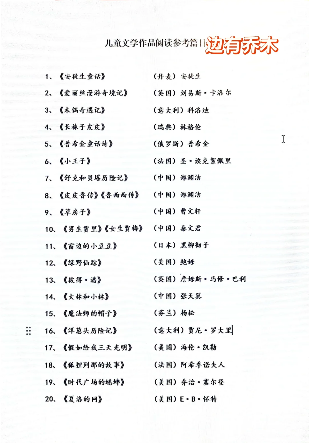 儿童文学作品阅读参考篇目📚