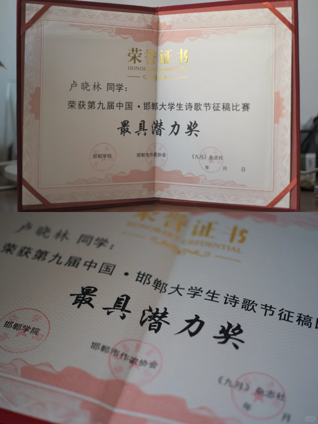 写诗两年，获得邯郸大学生诗歌奖【附作品】