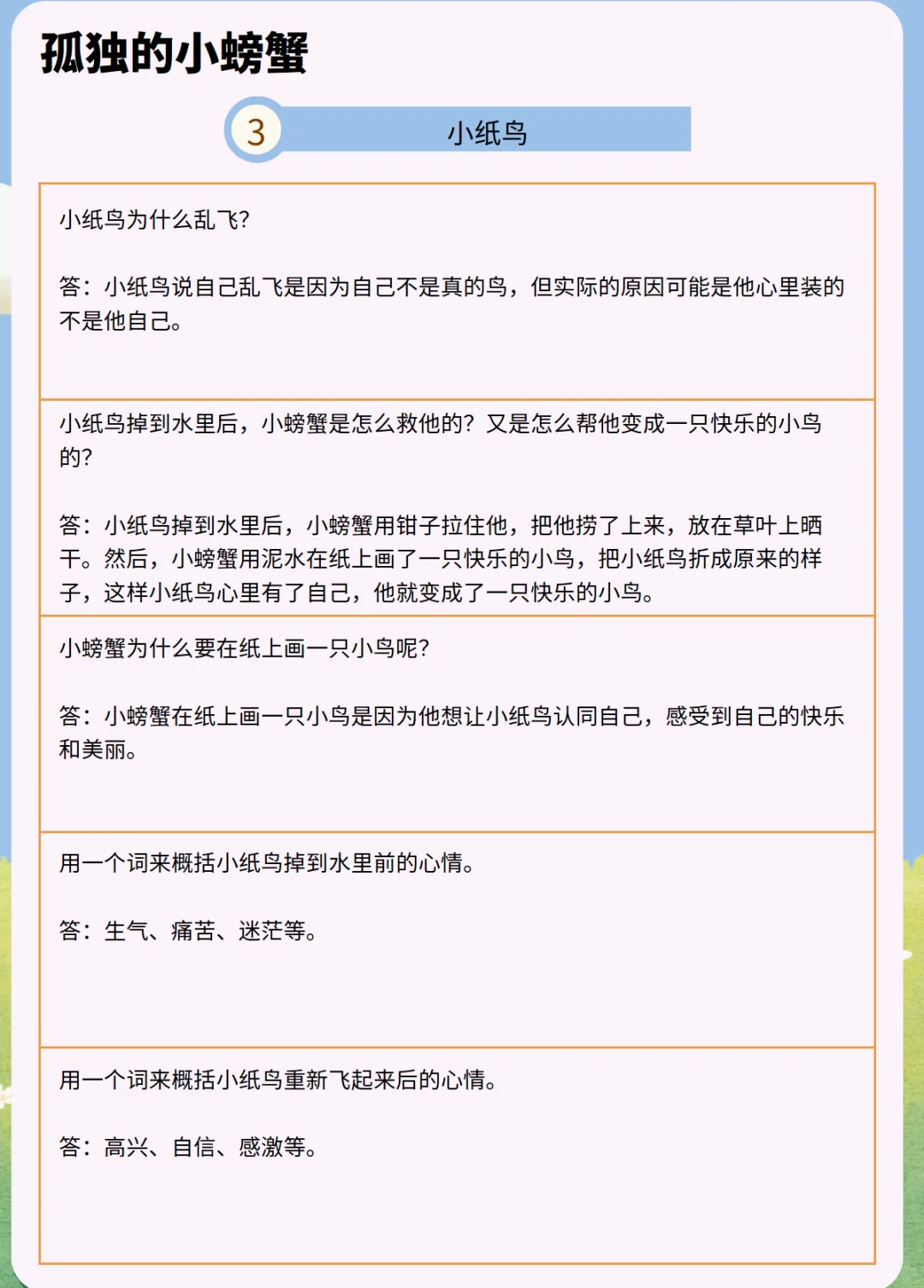 《孤独的小螃蟹》少儿版精读单+知识题库