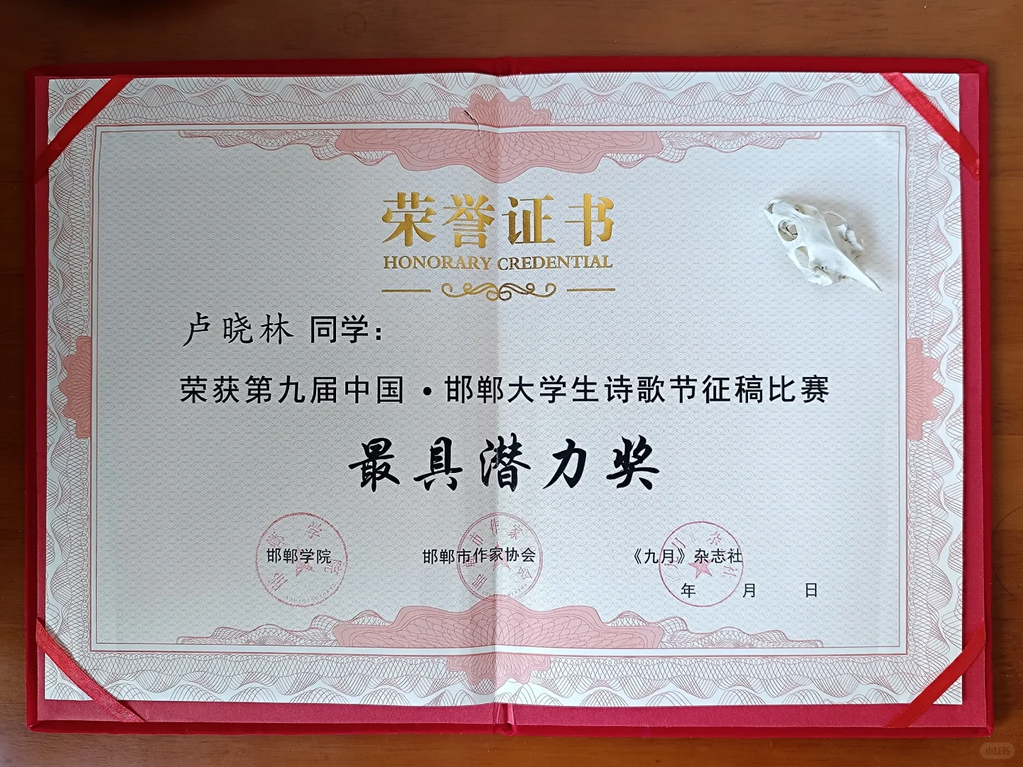 写诗两年，获得邯郸大学生诗歌奖【附作品】