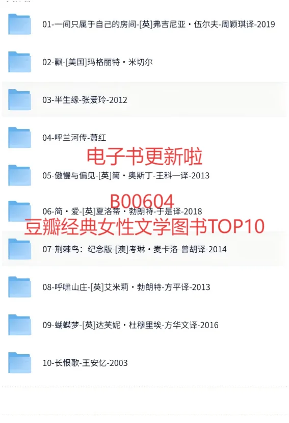 各类榜单 | 豆瓣经典女性文学TOP10电子书