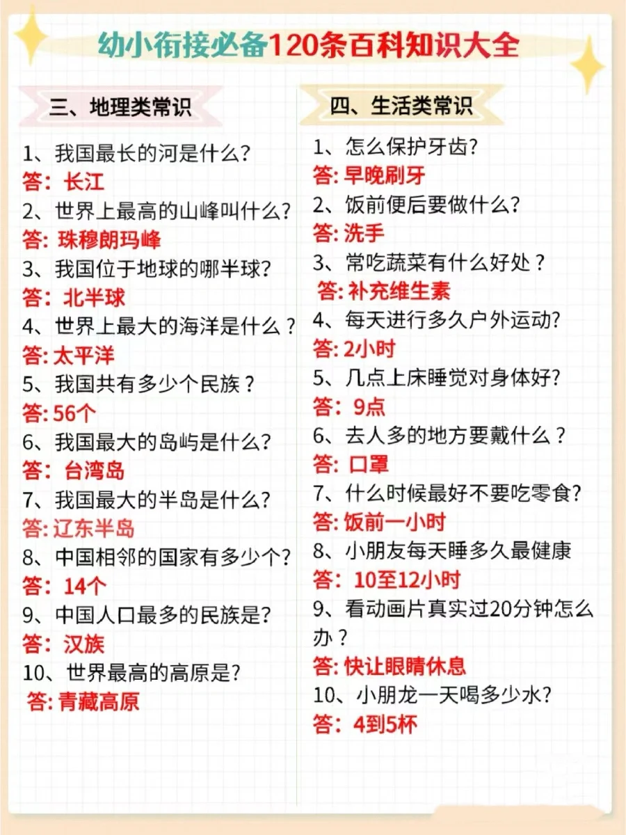 幼小街接必备120条百科知识大全