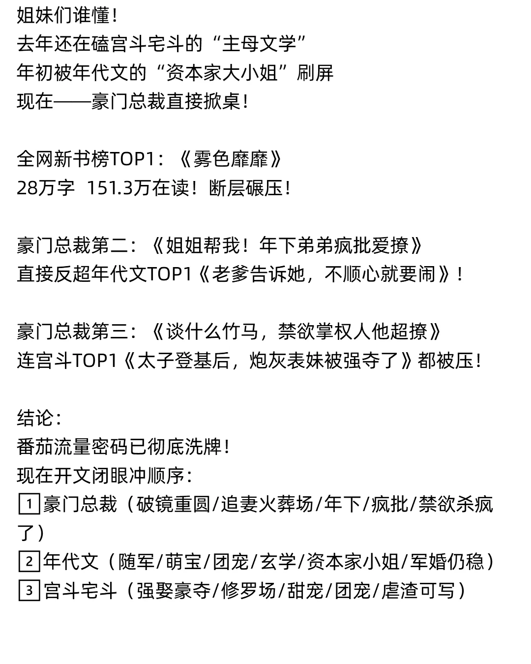 番茄开新文的姐妹 建议首选霸总文！