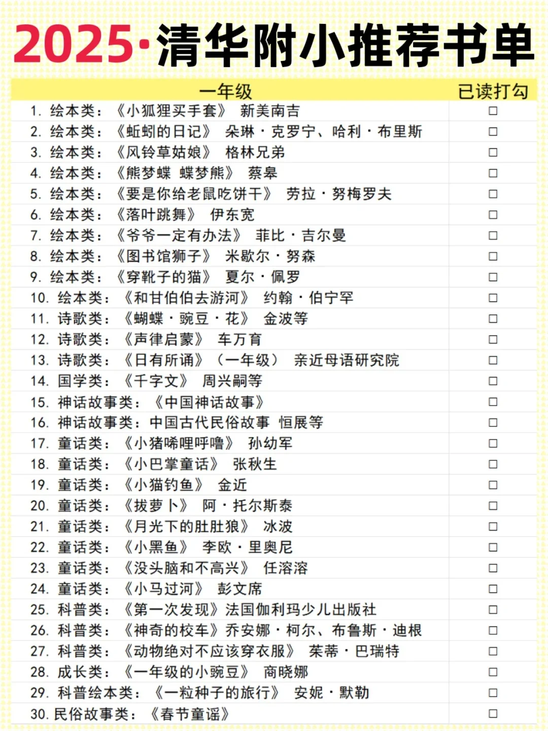2025清华附小推荐书单，小学1-6年级必读！