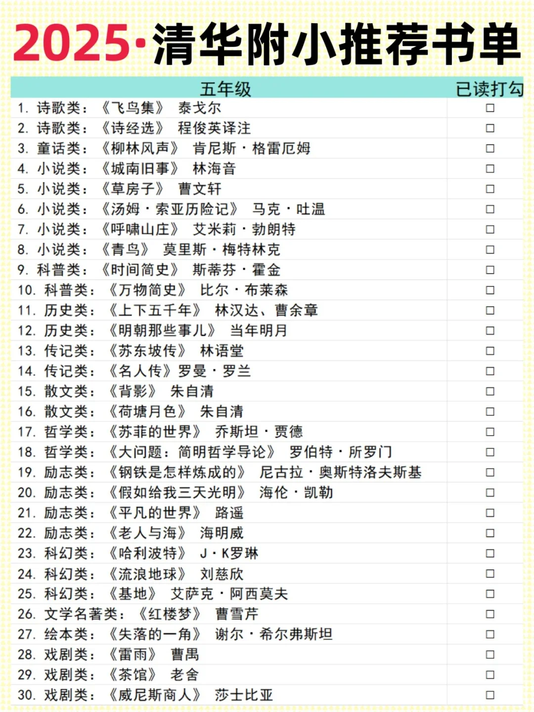 2025清华附小推荐书单，小学1-6年级必读！