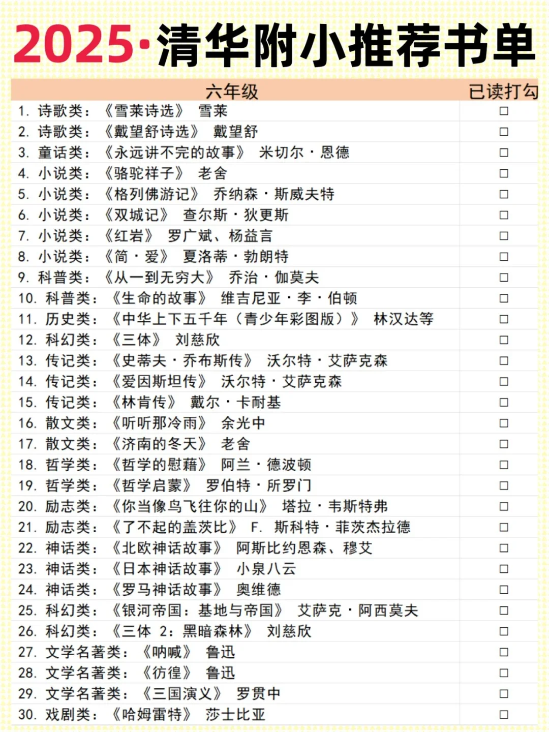 2025清华附小推荐书单，小学1-6年级必读！