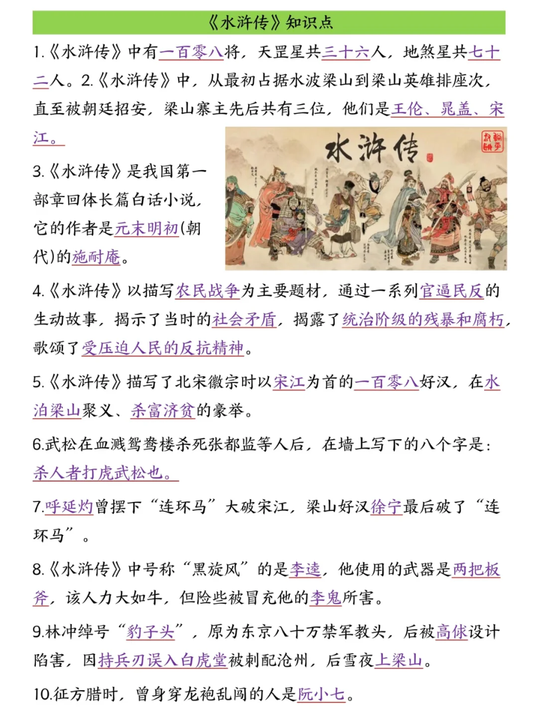 五年级上册语文四大名著必考重点汇总